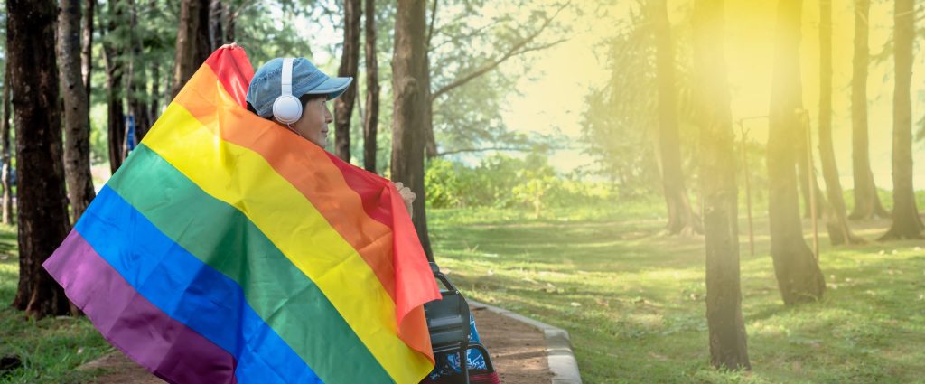 Haweeney ku fadhida kursiga curyaanka oo sita calanka LGBTQ ee baarkinka, LGBT iyo fikradda bisha kibirka