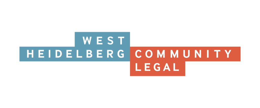 Blue and orange logo with text for West Heidelberg Community Legal