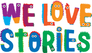 Logo with colourful text of "We Love Stories" where many of the letters have eyes