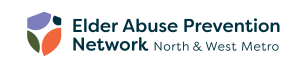 Logo with "Elder Abuse Prevention Network North and West Metro" on it with orange purple and dark blue
