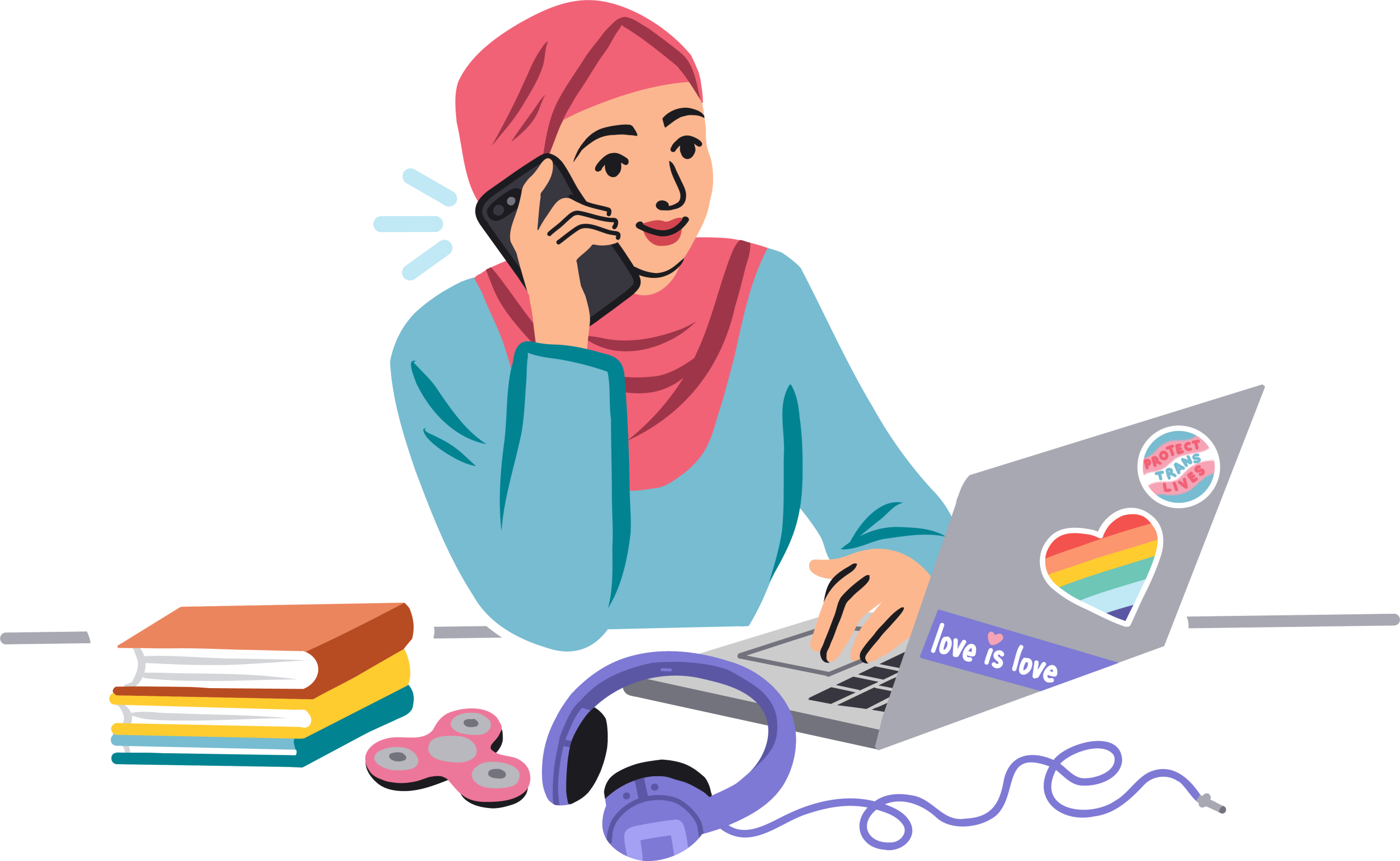Young Muslim woman wearing hijab speaks on phone with laptop, books, fidget spinner and headphones in front of her. Laptop has LGBTQIA+ stickers on cover.