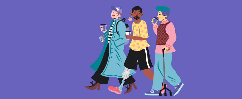 A group of three LGBTQIA+ people walk and talk drinking coffee. One person has a prosthetic leg. The other is using a walking cane.