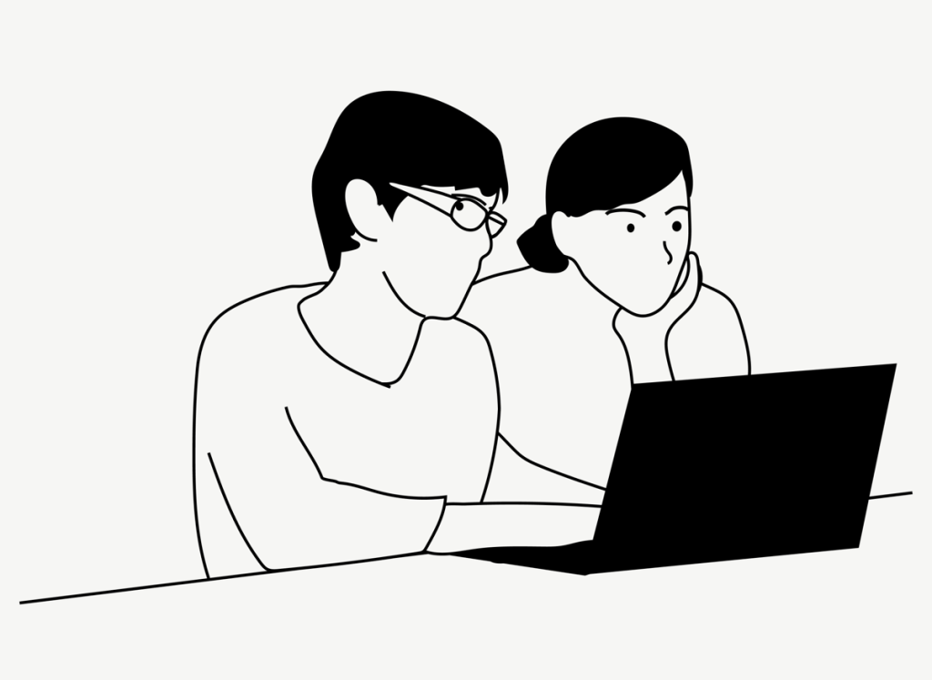 Graphic of line art people at laptop