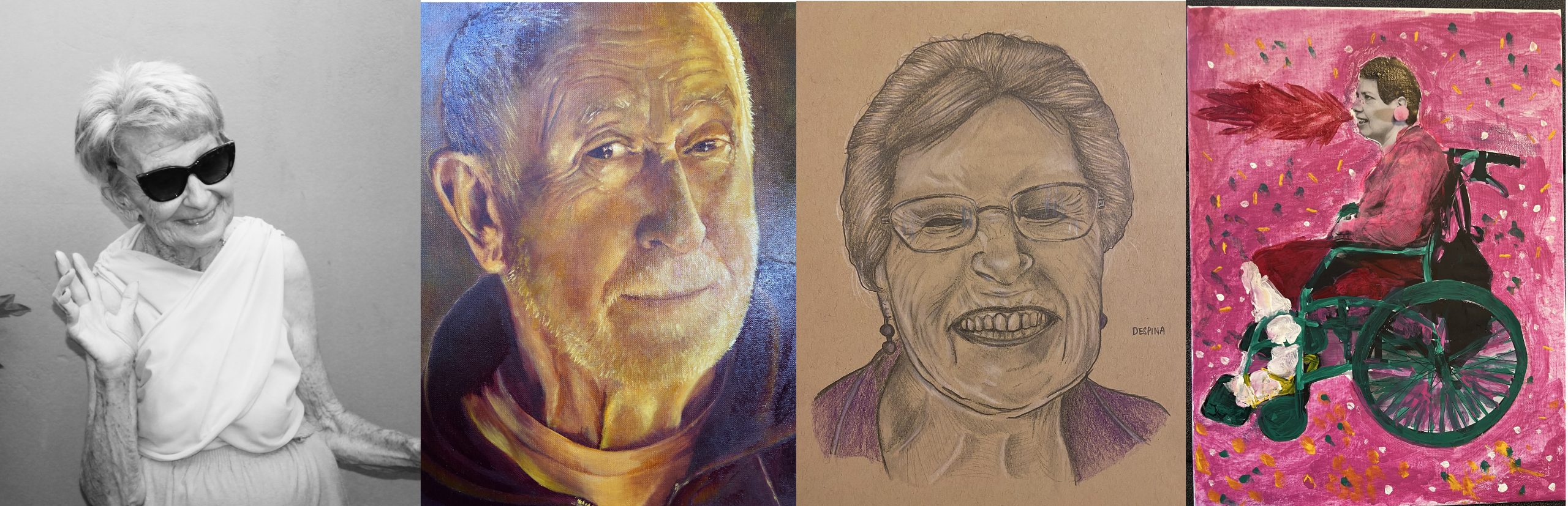 Four artworks of various mediums of older people